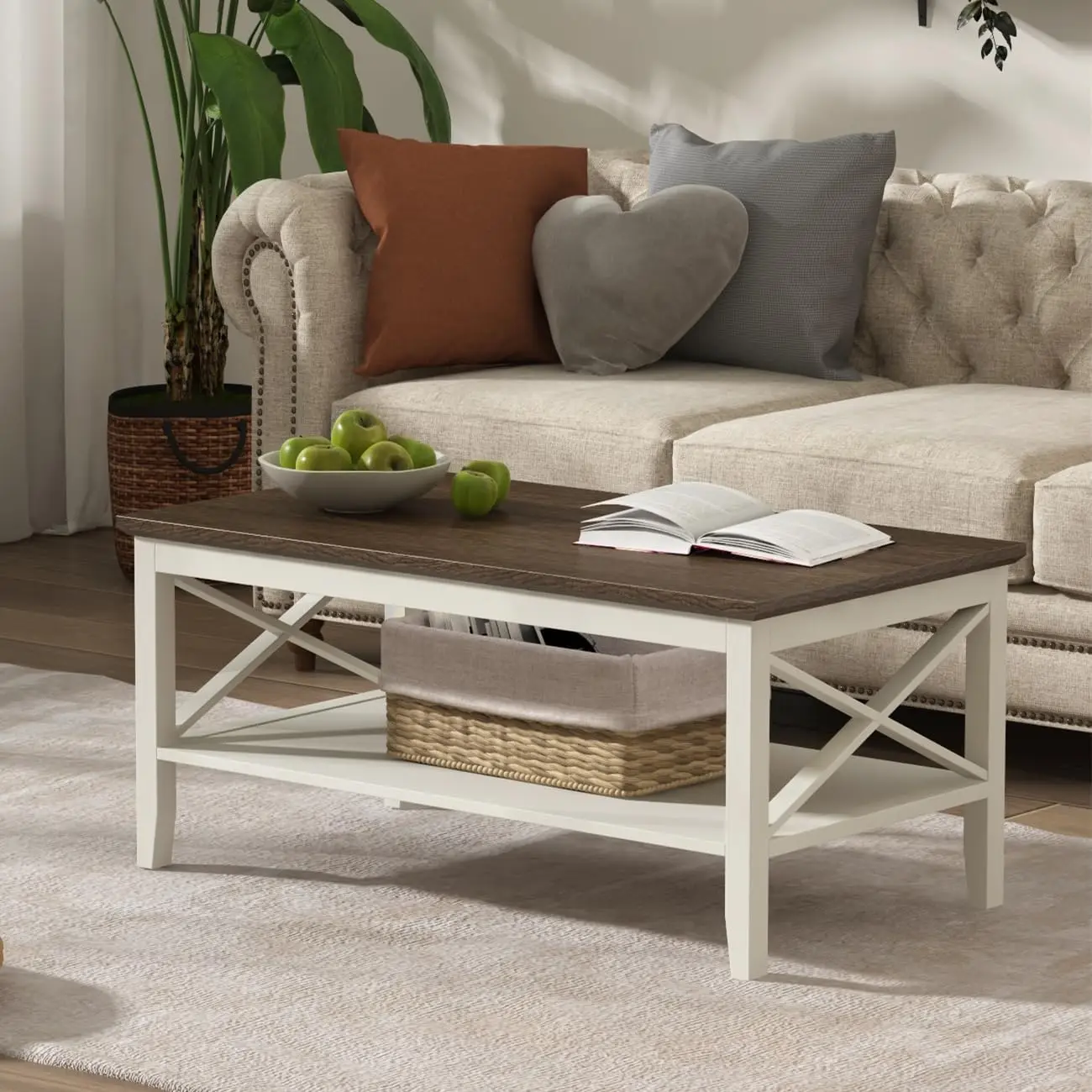 Farmhouse Coffee Table, Wooden Coffee Table with Thicker Legs, White Coffee Table with Storage for Living Room