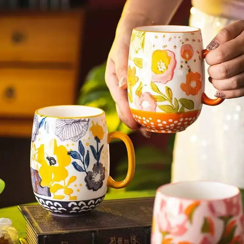 Flower Charm Hand-Painted Flower Large Mug Retro Painted Large Capacity Ceramic Cup for Home Use Coffee Breakfast Cup