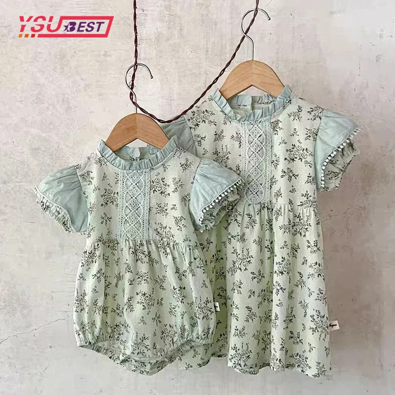 

0-6Y Sister Dress Baby Girls Clothes Summer Short Sleeve ​Dress Plaid Flower Baby Romper Princess Dress Matching Sister Outfit