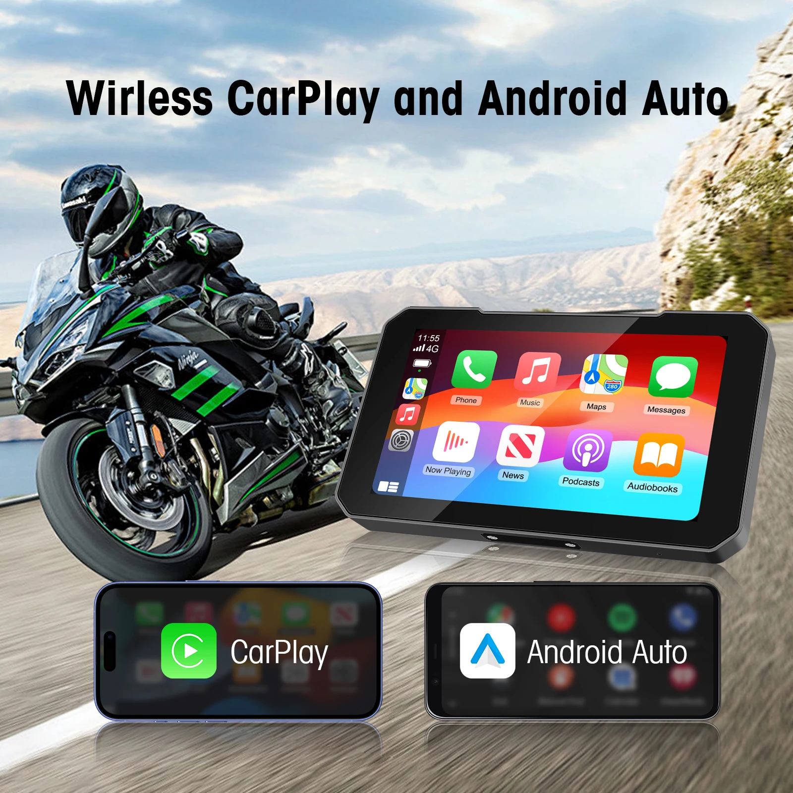 Motorcycle CarPlay-schermondersteuning Draadloze CarPlay en Android Auto, HD 5-inch touchscreen IP67 Waterdicht Optioneel TPMS