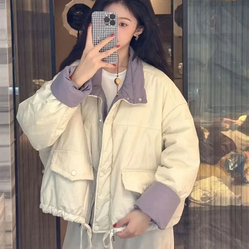Stand-up Collar Contrasting Color Padded Jacket for Women 2026 Winter Korean Loose Casual Warm Small Cotton-padded Coat