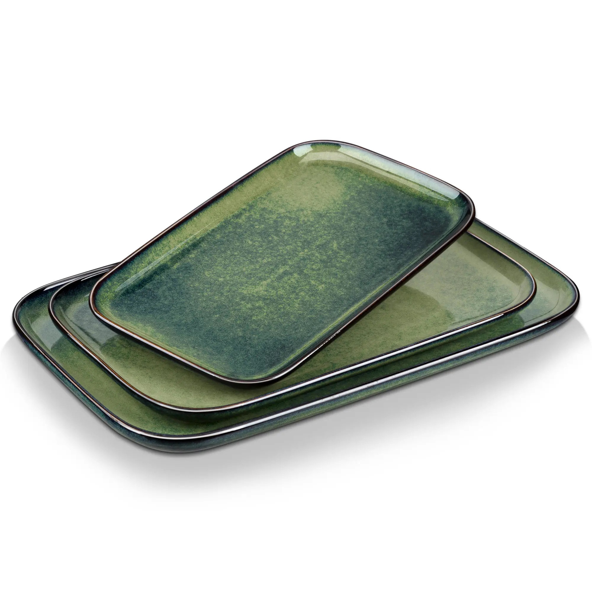 VANCASSO Stren Green 15.1inch/13.1inch/11inch Plate Set Vintage Look Ceramic Kiln Change Glaze Salad/Fruit/Snack/Cake Plate Set