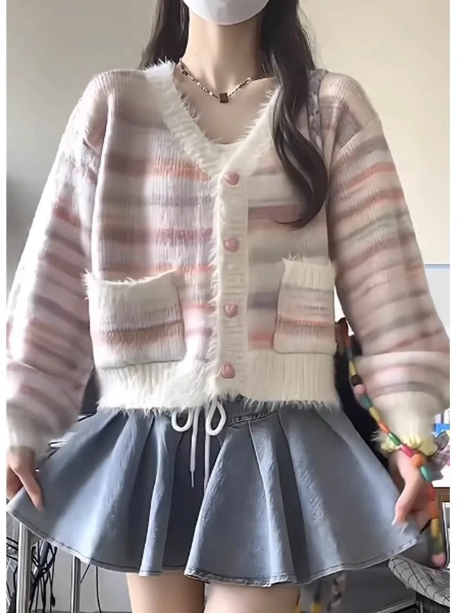 Japanese Retro Knitted Sweater Pink Stripes Single Breasted Cardigan V-neck Heart-shaped Button Top Spring Autumn Outerwear