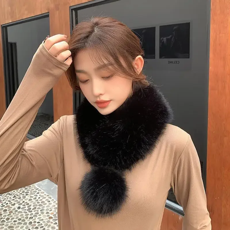 Fashionable and trendy scarf, versatile imitation fur warm scarf, Korean version, white fox fur fur collar, ribbon ball, winter