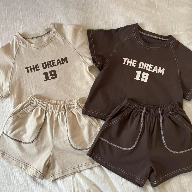 Unisex Kids' Summer Sports Set: New Korean Style Loose Fit Letter Print Casual Short Sleeve Outfit