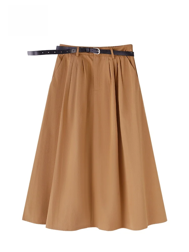 

Юбка GOFAR Commuter Simple Khaki A-Line женская, с высокой талией, приталенная, плиссированная, средней длины, с поясом