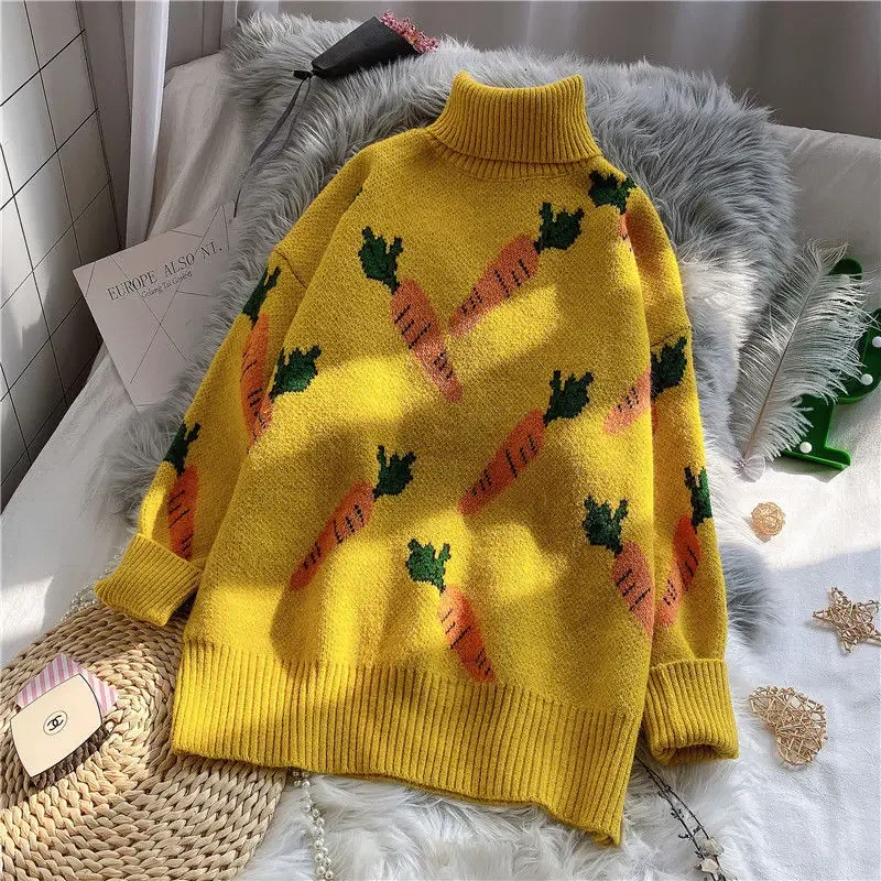 EBAIHUI Knitted Sweater Women Carrot Pattern Long Sleeve Pullover Loose High-necked Blue Yellow Sweater Autumn Winter 2020