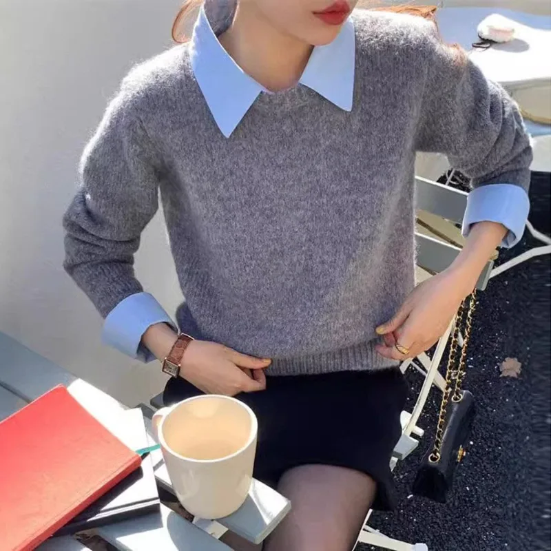 

Autumn and Winter Fashion New Women's Fake Two Piece Collar Knitted Hoodie Retro Commuter Professional Versatile Sweater Jumper