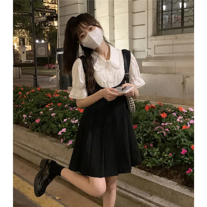 Lace Shirts and Blouses Korea Short Sleeve Top Women 2024 Summer Sweet Button Blouse Cute Elegant Solid Peter Pan Collar Clothes