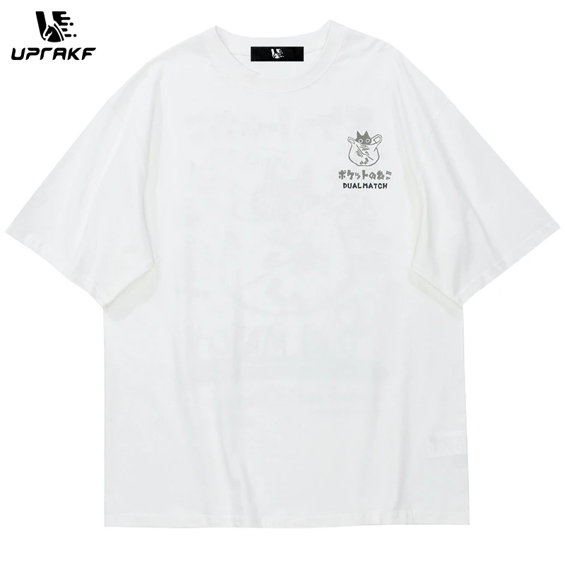 UPRAKF Streetwear Men Hip Hop T Shirt Japanese Kanji Funny Cat Printed Harajuku Cotton Casual Short Sleeve Tops Tees Loose