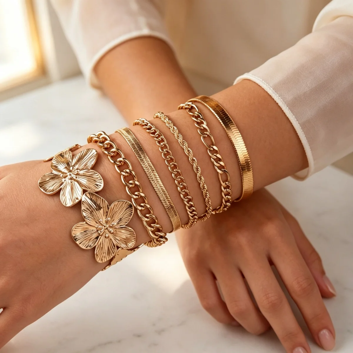 Minimalistische, strukturierte Metall-Blumen-Schlangenkette, stapelbare Armbänder für Damen und Herren, Punk-Figaro-Curb-Twist-Kettenarmreif, Party-Schmuck – Detail 10