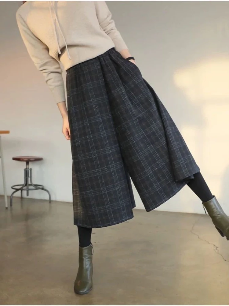 American retro elastic waistband woolen trendy women's skirt pants Autumn/winter Harajuku spicy girl plaid warm wide leg pants