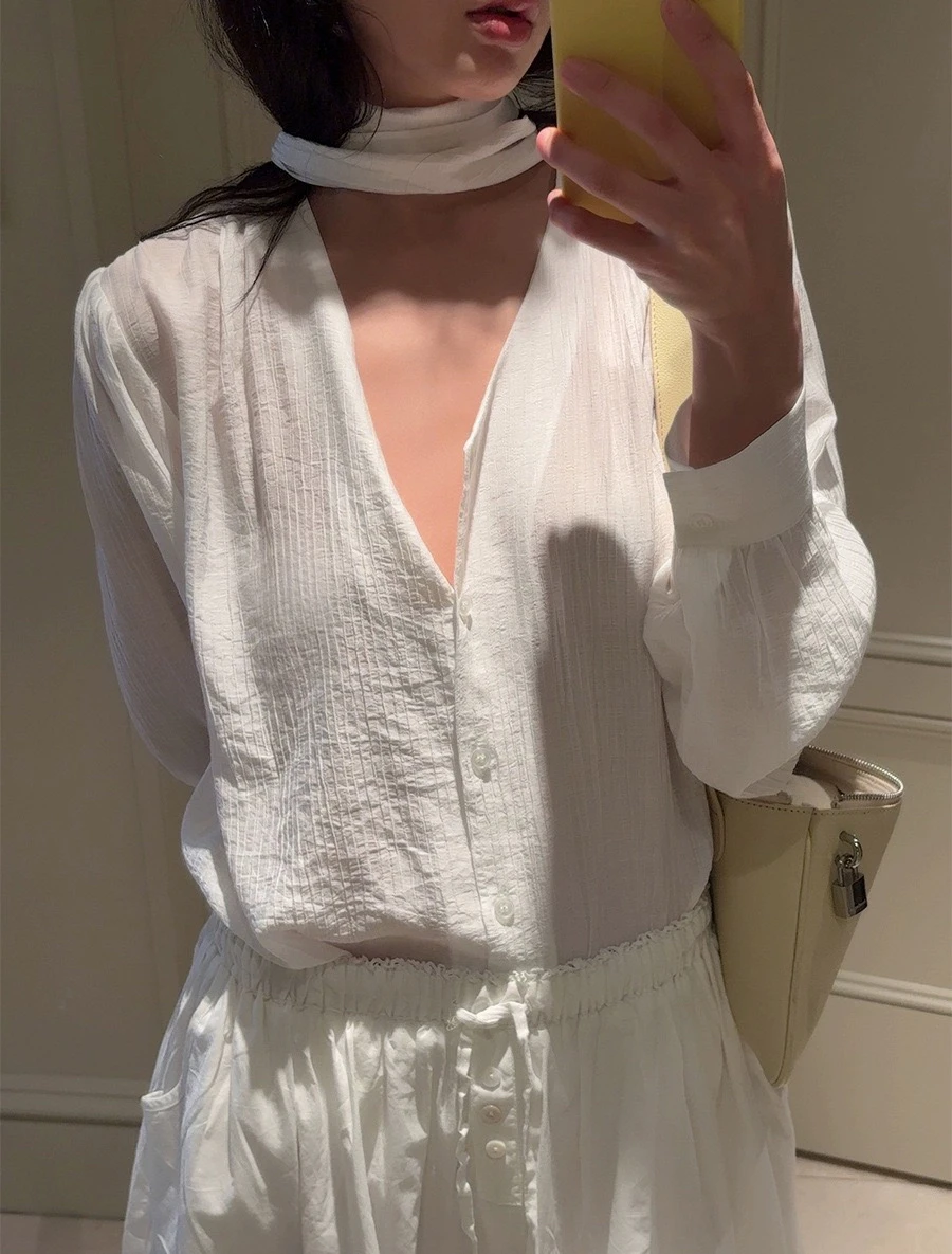 

Slimming V-Ne Long Sve irt with Saes Loose Fit Thin Material PREON Baby Sauce Ele Draped Sle Office Wear