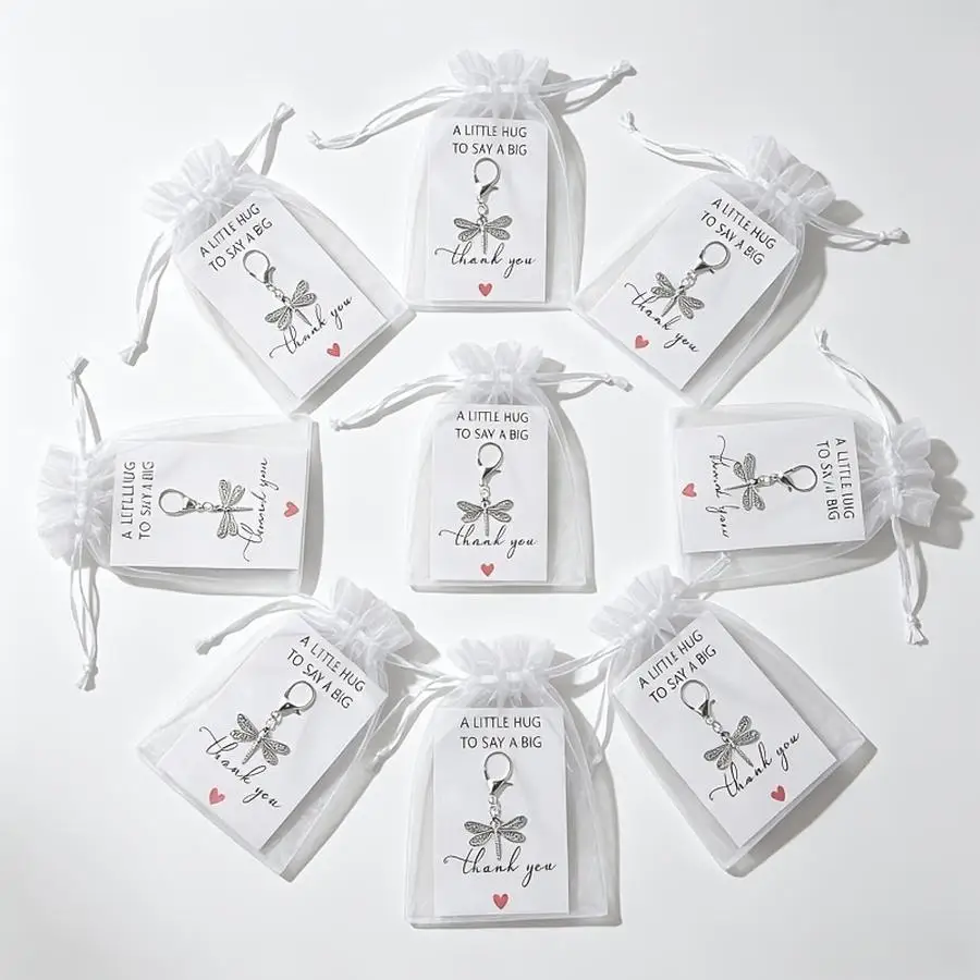 1/5/10/20/50/100pcs Gifts for Her/Him: 27 pieces/9 sets of Thank-You Dragonfly Keychains, Party Favors with Organza Gift Bags an