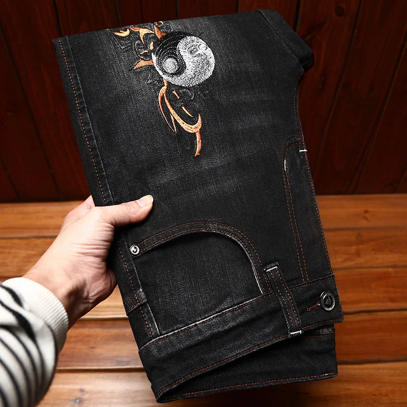 Street embroidered black denim trousers men's fashion all-match casual Embroidery Fashion elastic slim fit long skinny pants