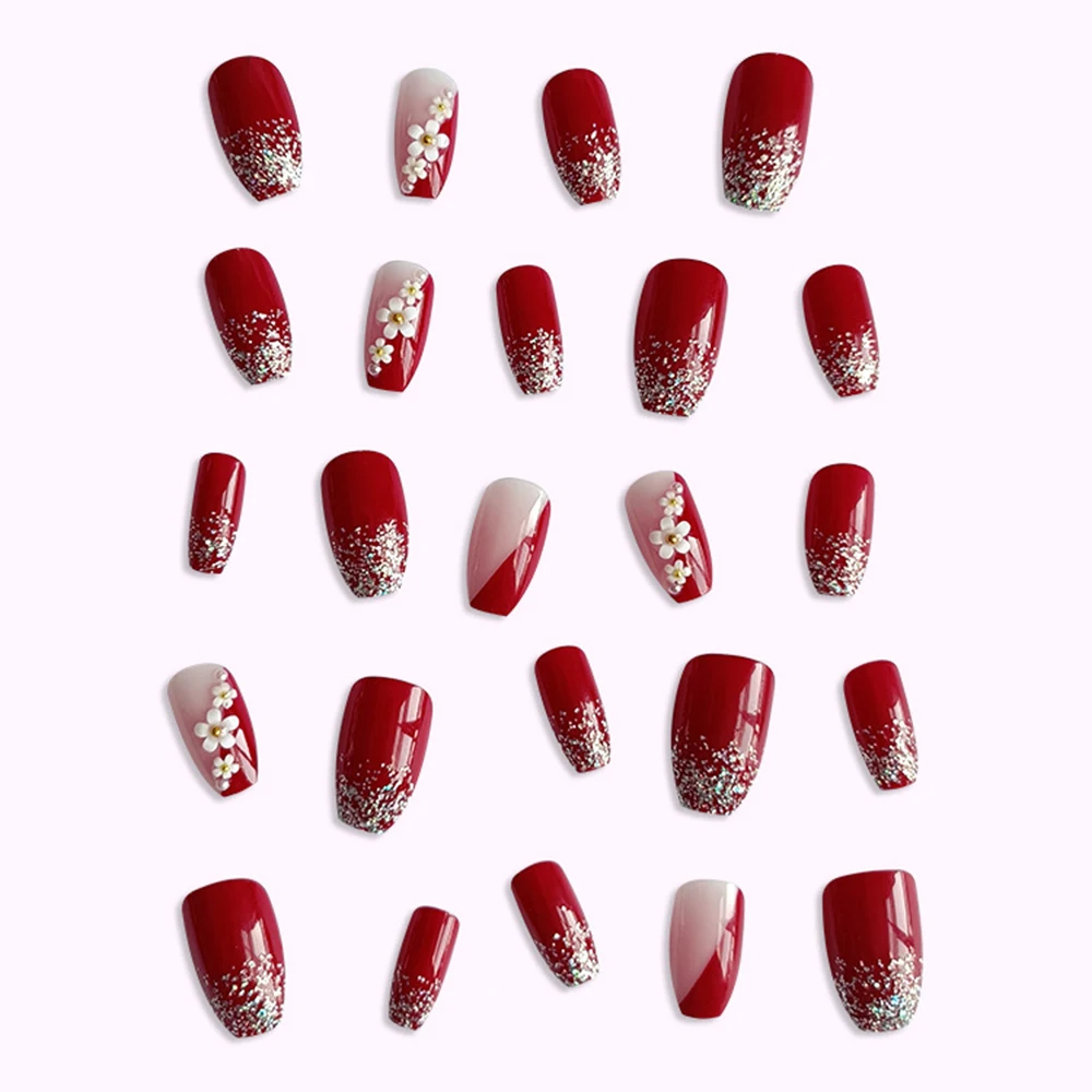 24pcs Glossy Red Press on Nails with White flowers Decor Coffin Head Fake Nails Full Cover Wearable Sweet Korean False Nails view 4