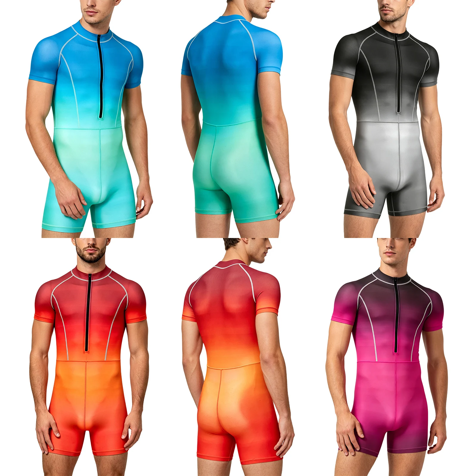 Men Gradient Bodysuit Rash Guard Swimwear Wetsuit Short /Long Sleeve Zipper Bathing Suit Surfing Beach Pool Water Sports Wimsuit