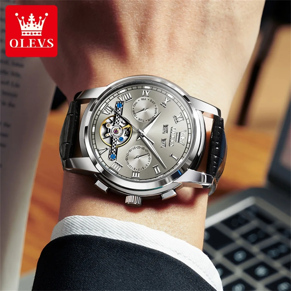 Mans Wrist Watch OLVES 6607 Multifunctional Tourbillon Automatic Mechanical Watches For man Leather Strap Waterproof Date