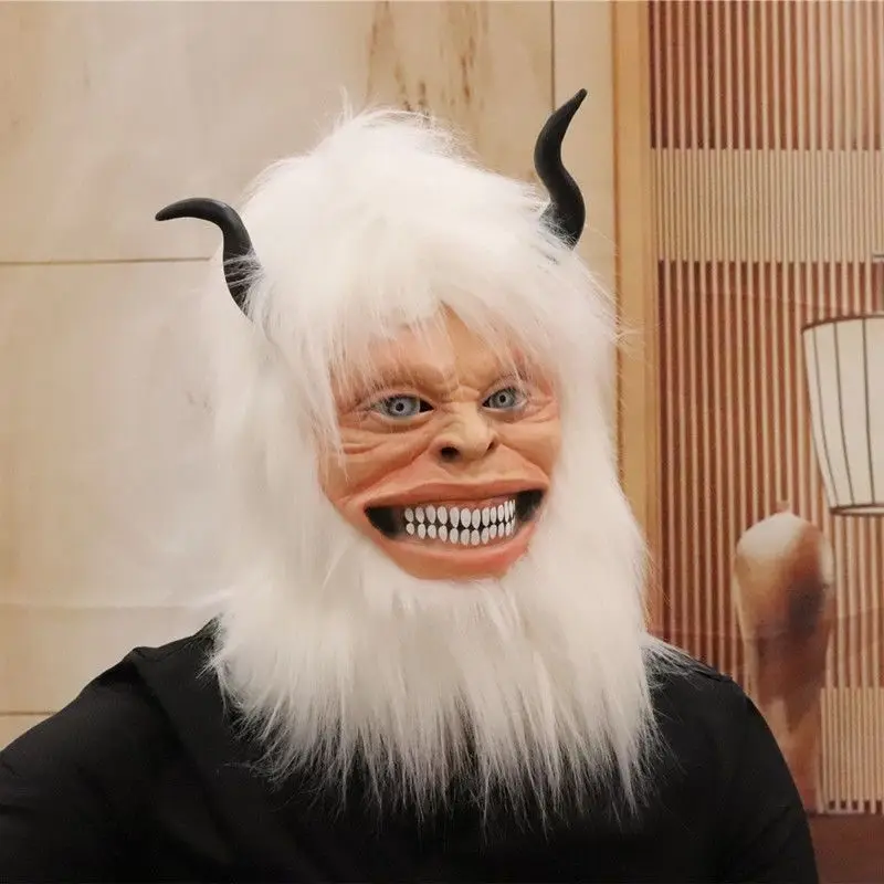 New Snow Yeti Monster Mask with White Hair Funny Ox Horn Latex Mask Masque Scary Halloween Christmas Party Cosplay Mask