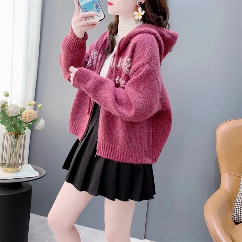 

Retro Jacquard Thick Hooded Zipper Sweater Cardigan For Women Spring Autumn 2025 New Loose Small Knitted Coat W357