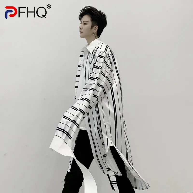 PFHQ Niche Style Male Shirts Stripe Patchwork Loose Lace-up Casual Tops Lapel Long Sleeve Men\'s Clothing Summer Tide 9C6364