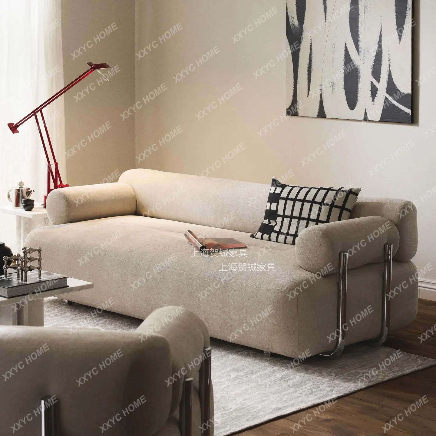 LX minimalist chenille fabric metal sofa  light luxury stainless steel creative straight row three-person sofa