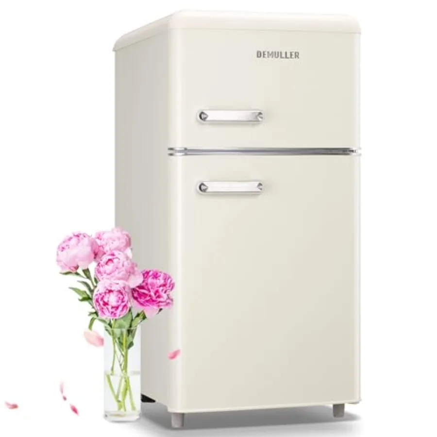 

Compact Retro Mini Fridge with Dual Doors and Handles 3.5 Cu.Ft Capacity featuring Freezer Compartment 7Setting Thermostat Cont