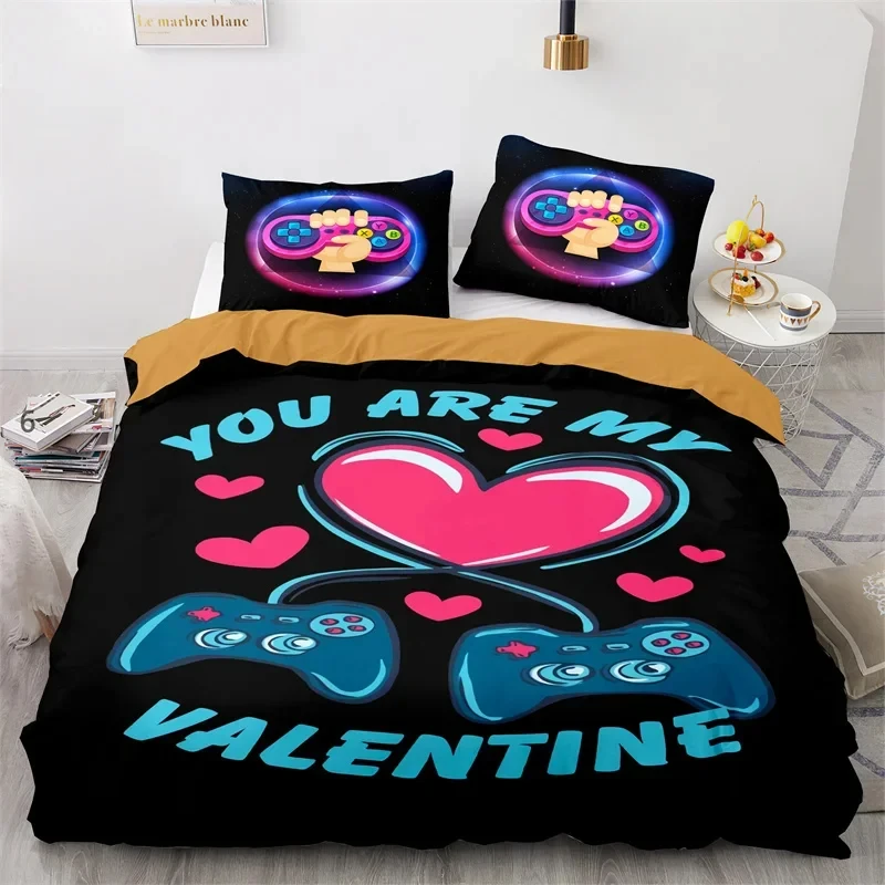 Gaming Duvet Cover Microfiber Console Game Controller Comforter Cover Boys Teens Video Game Queen Bedding Set Heart Quilt Cover
