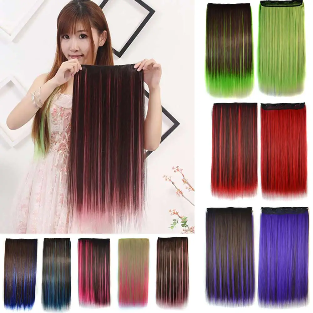 Women Hair Extensions Colorful Straight Long High Tempreture Synthetic Hair Clip Hairpiece Wig