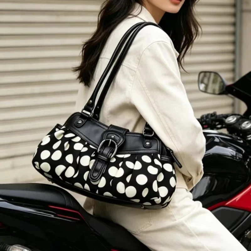 Retro Black Polka Dot Motorcycle Underarm Bag Stylish Women Belt Buckle Design Shoulder Bag Niche Rivet Patchwork Design Handbag