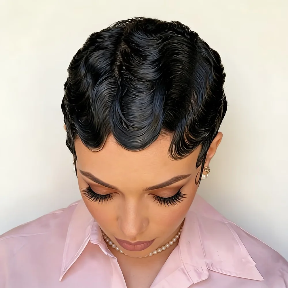 

Парик из натуральных волос с эффектом волн Finger Wave, короткий парик пикси, машинная работа, эффект морских волн