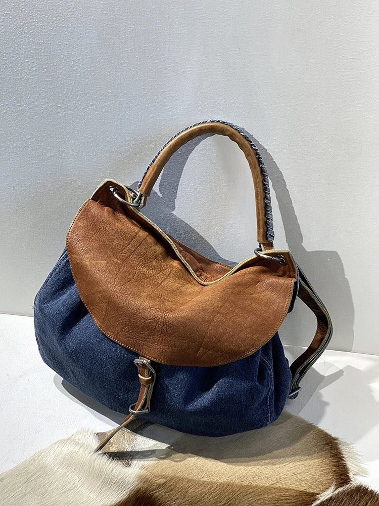 European And American Fashion Retro Washed Cowhide Saddle Bag Personalized Trend Fashion Large Capacity Denim Handheld Women Bag