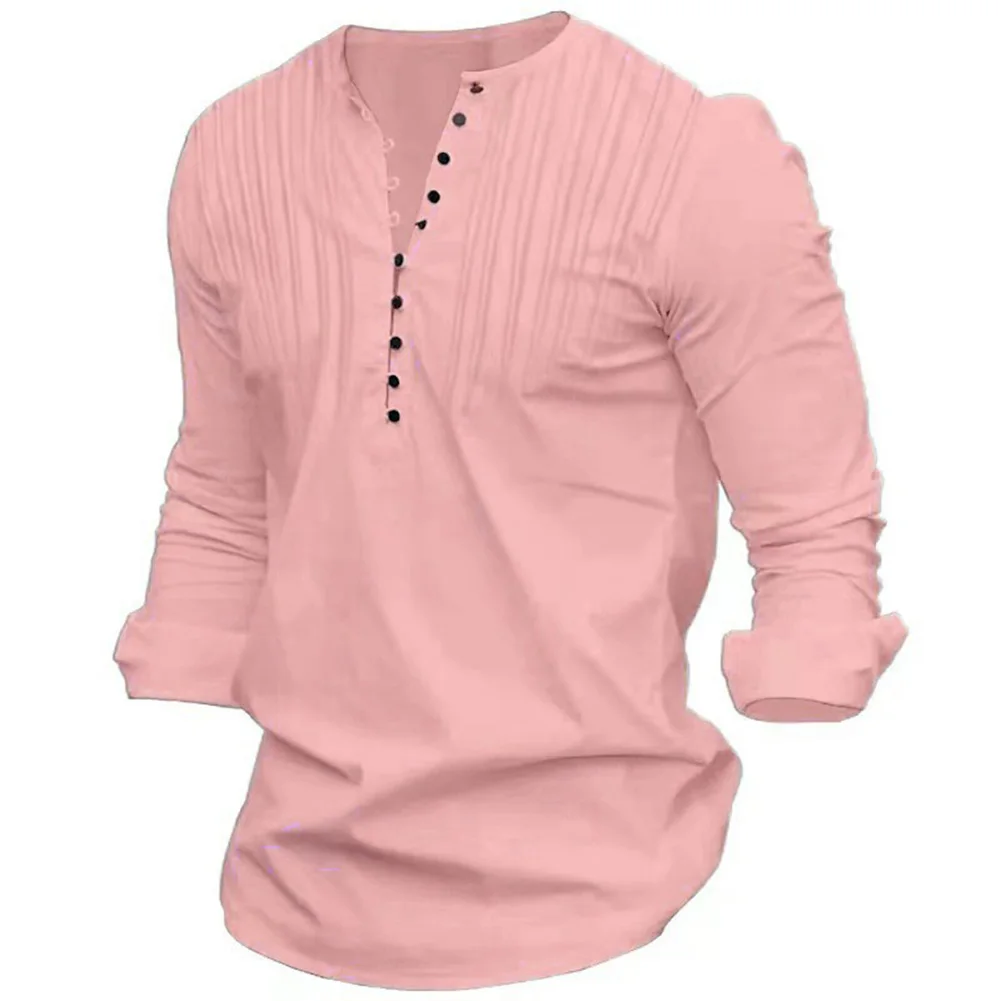 Camisas masculinas casuais de manga comprida com gola respirável de linho de algodão camisa vintage masculina cor sólida