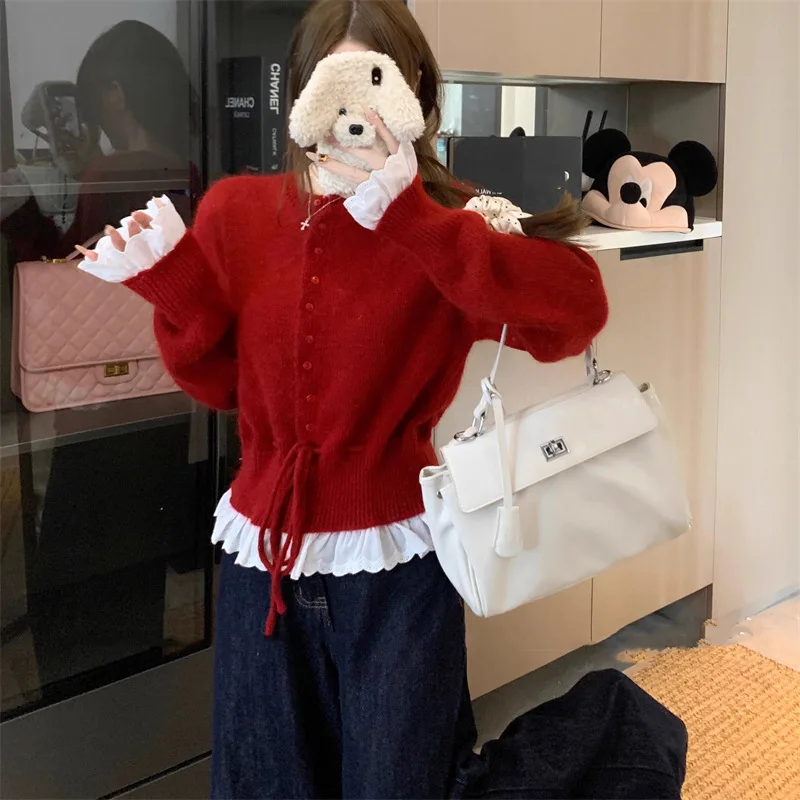 Fall/Winter 2025 New Design Sense Lace Sweater Knitted Cardigan Jacket Women's Casual Style Small Man Cropped Top