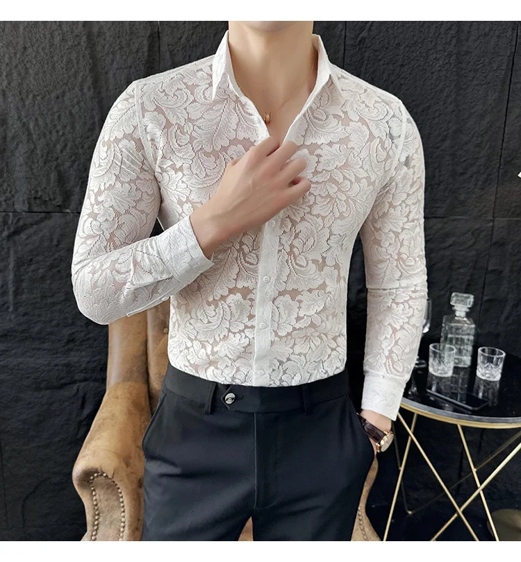 

Sexy Transparent Lace Shirts For Men Korean Luxury Clothing Slim Fit Casual Long Sleeve Men's Social Shirt Dress Elegant Tuxedo