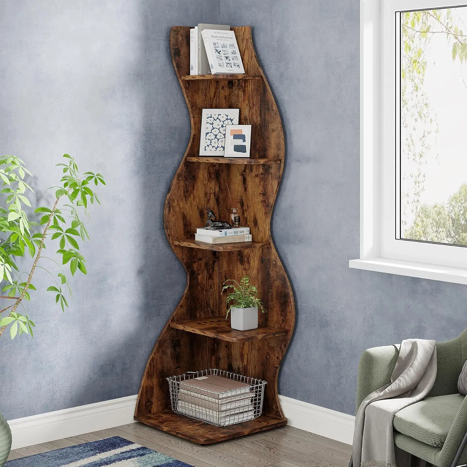 Corner Shelf, Rustic 5-Tier Wall Corner Bookshelf, Stylish Corner Small Bookcase Storage Ra Plant Stand With Unique Shape For