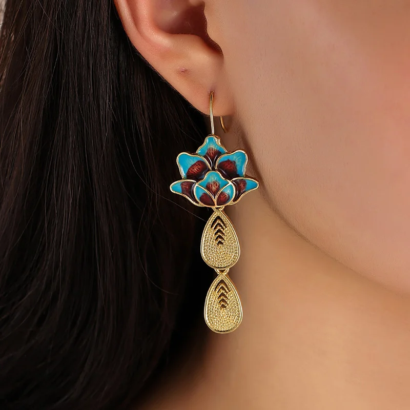 New Republic Of China Vintage Silk Burnt Blue Earrings Temperament Lotus Droplet Pendant Earrings Women's Exquisite Jewelry Gift