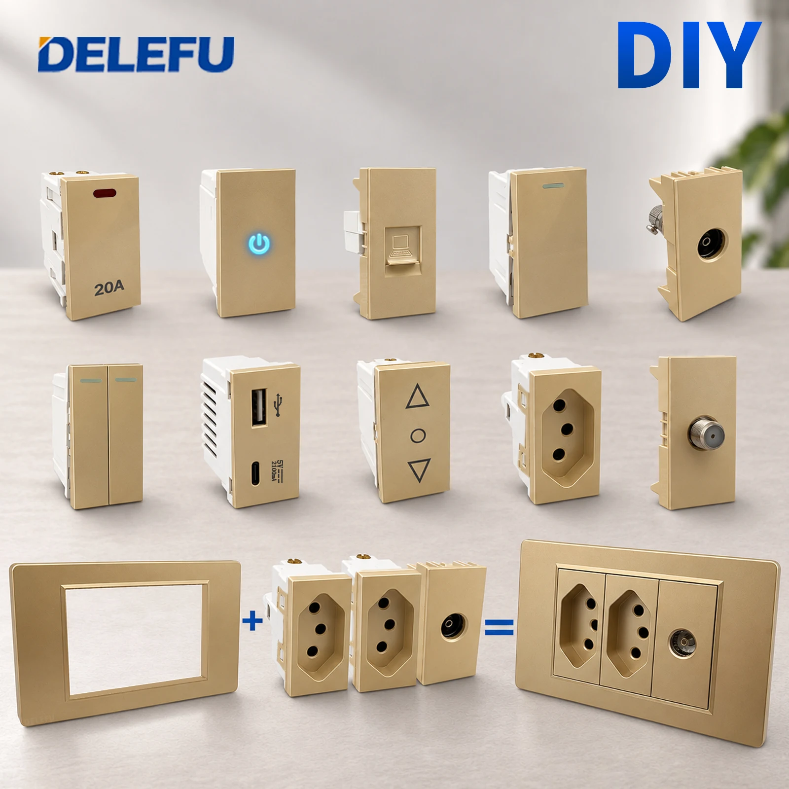 Tomada de parede DELEFU Brasil com módulo de combinação livre, para uso doméstico e comercial, montagem DIY, USB-A+Tipo-C com interruptor.