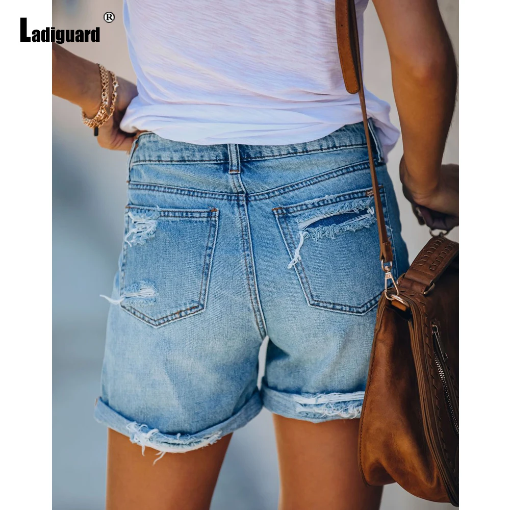 Ladiguard 2023 Stand Pockets Denim Shorts Women Casual Shredded Light Blue Short Jeans Ladies Summer Buttons Up Demin Panties