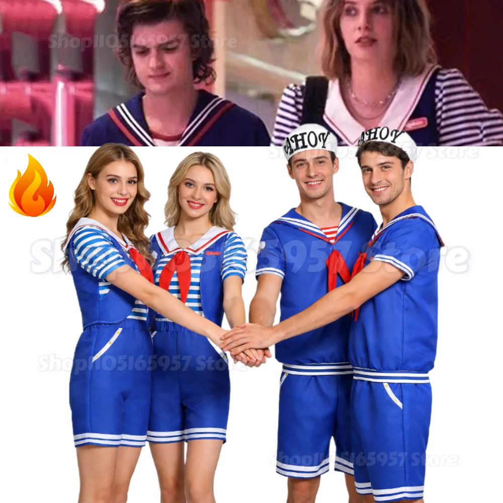 

New Adults Kids Shirt Pants Hat Vest Set Robin Steve Harrington Cosplay Costume Sailor Uniform Halloween Carnival Party Cosplay