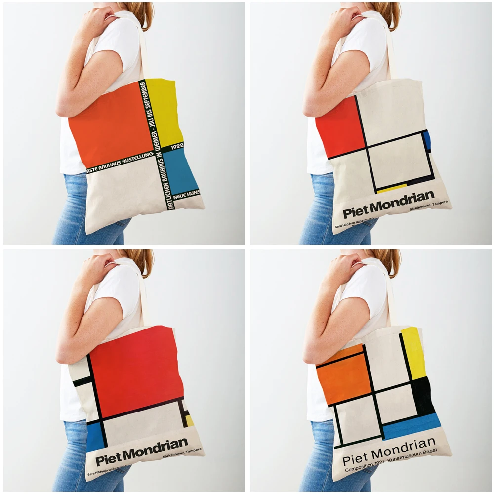 Piet Mondrian linea geometrica Color Block doppia stampa Shopping Bag donna Shopper borse Lady Canvas Tote borsa da viaggio riutilizzabile