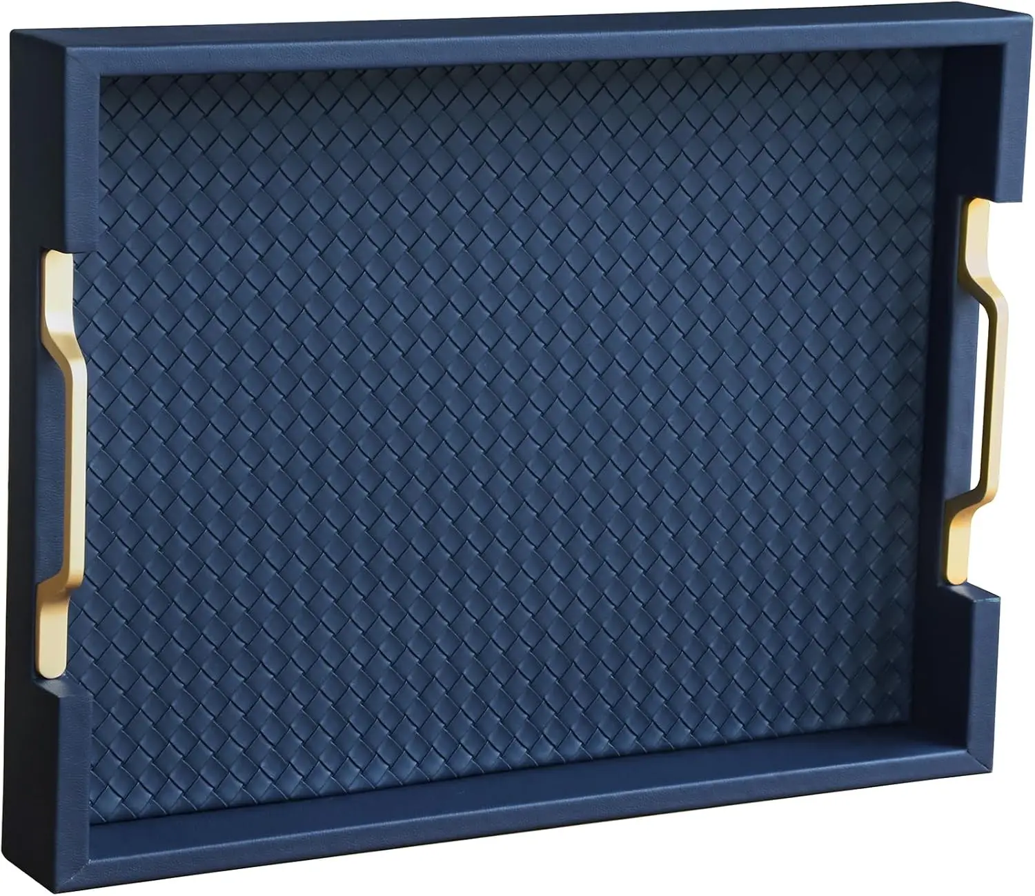 

Faux Leather Rectangle Serving Tray with Gold Handles, 16.2x12.2x2 inches, Navy Blue for Coffee Table Decor
