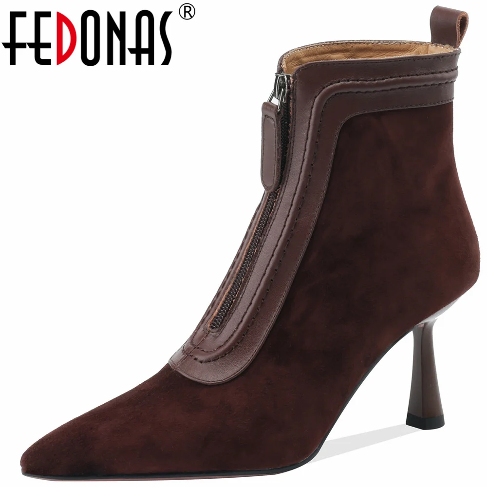 

FEDONAS Women Genuine Leather Ankle Boots Pointed Toe Thin High Heels Mature Dress Office Lady Shoes Woman Autumn Winter Basic