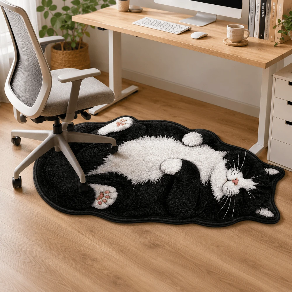Office Chair Side Shaped Floor Mat Rug Cute Tuxedo Cat Print Fluffy Belly Irregular Welcome Entrance Home Doormat Decor