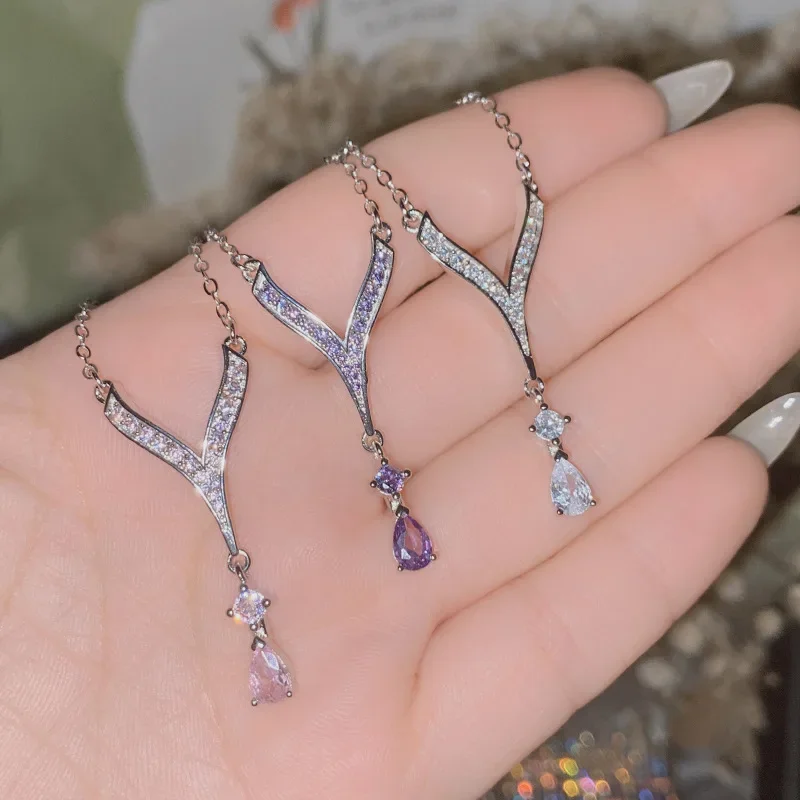 

MDL Moissanite Style Japanese Simple Fairy Pendant Gold-Plated Micro-Set Cuic Violet Zirconia Diamond Tassel Earrings Set