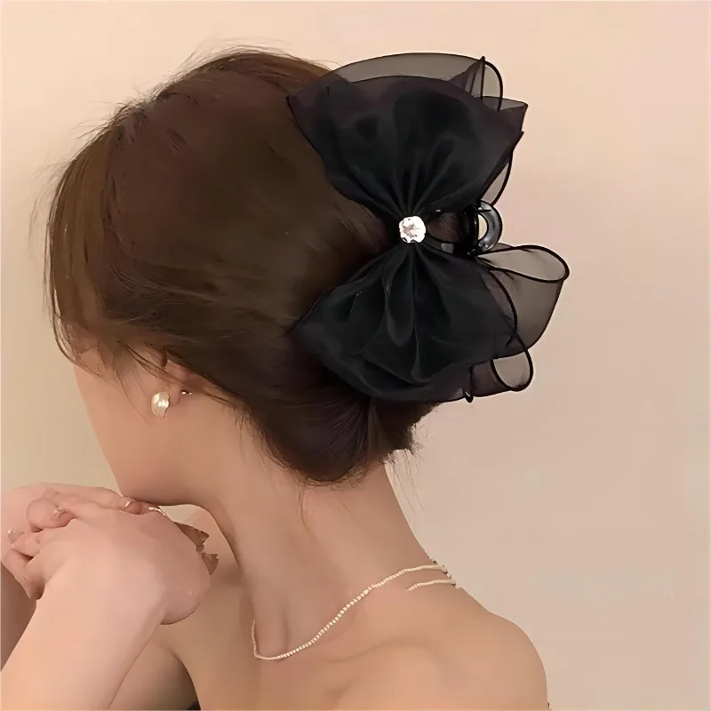 Vintage Black Mesh Lace Bow Clasp Hair Claw Elegant Noble Versatile Trendy Hair Grasp Highlights Temperament Hair Accessories