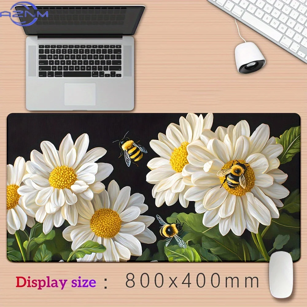 1pc Realistic Daisy and Bee Pattern Mousepad - Large, Non-Slip Rubber Base, Waterproof Desk Mat for Office, Gaming, and PC/Lapto
