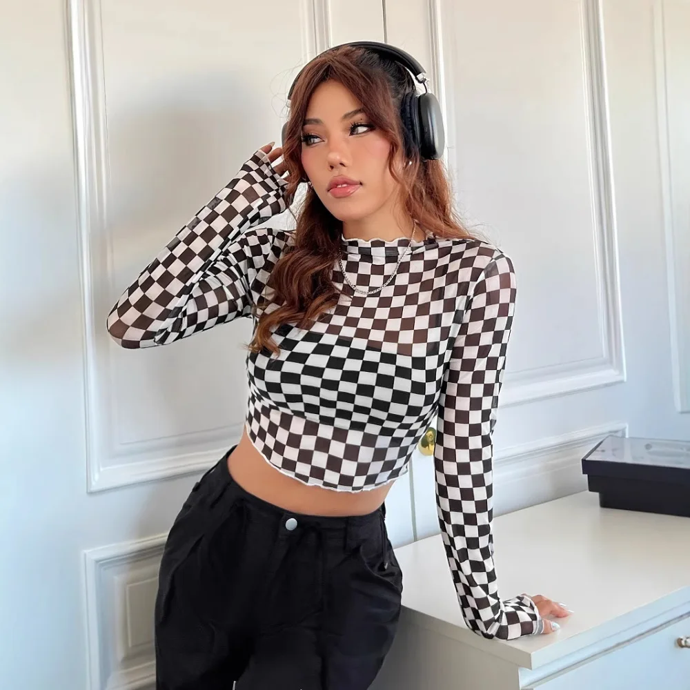2025 New Womens Mesh Checkerboard T Shirt Spring Half High Collar Long Sleeve Slim Fit Pullover Base Layer Casual Top