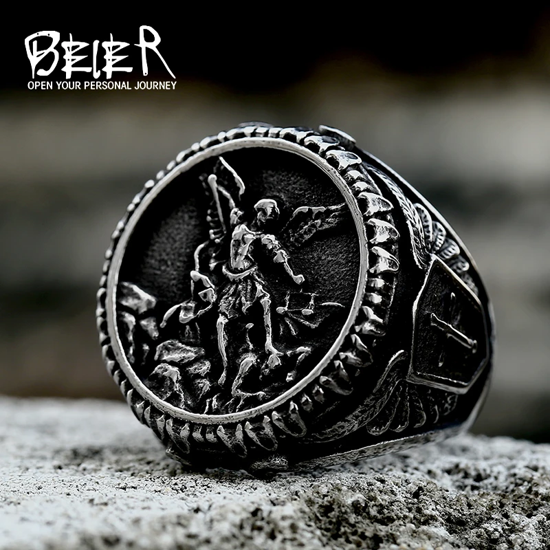 BEIER Stainless Steel god knight dragon slayer saint george Rings For Men Religious fashion Jewelry BR8-956