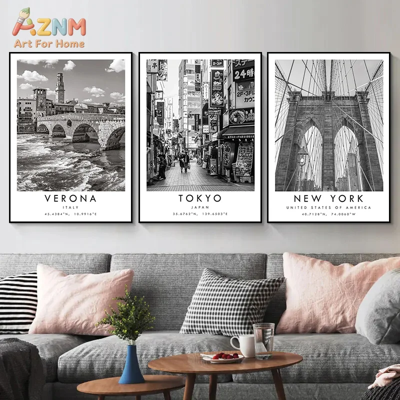 AZNM Black White City Landscape Canvas Wall Art World Travel City Coordinates Print Frameless Canvas Painting Living Room Home D